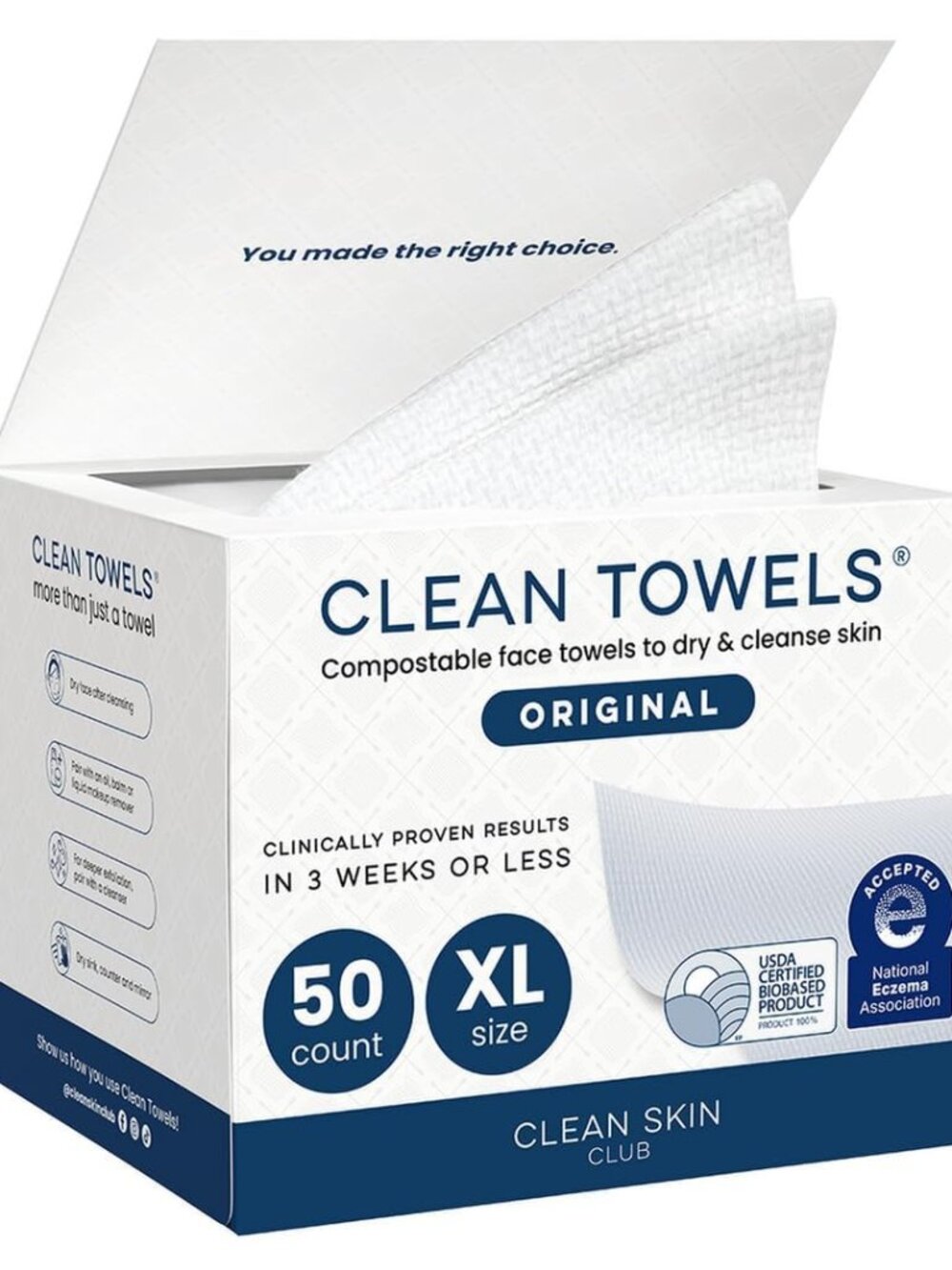 Clean Towels XL, 100% USDA Biobased Face Towel, Disposable Face Towelette, Eczem